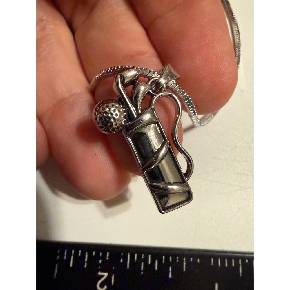 Silver Tone Golf Bag Pendant Necklace Snake Chain Sports Jewelry 18-20 Inch